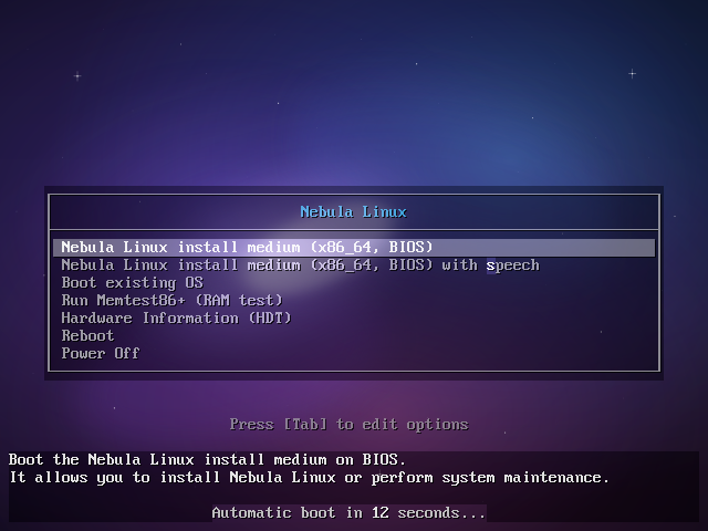 Nebula boot menu