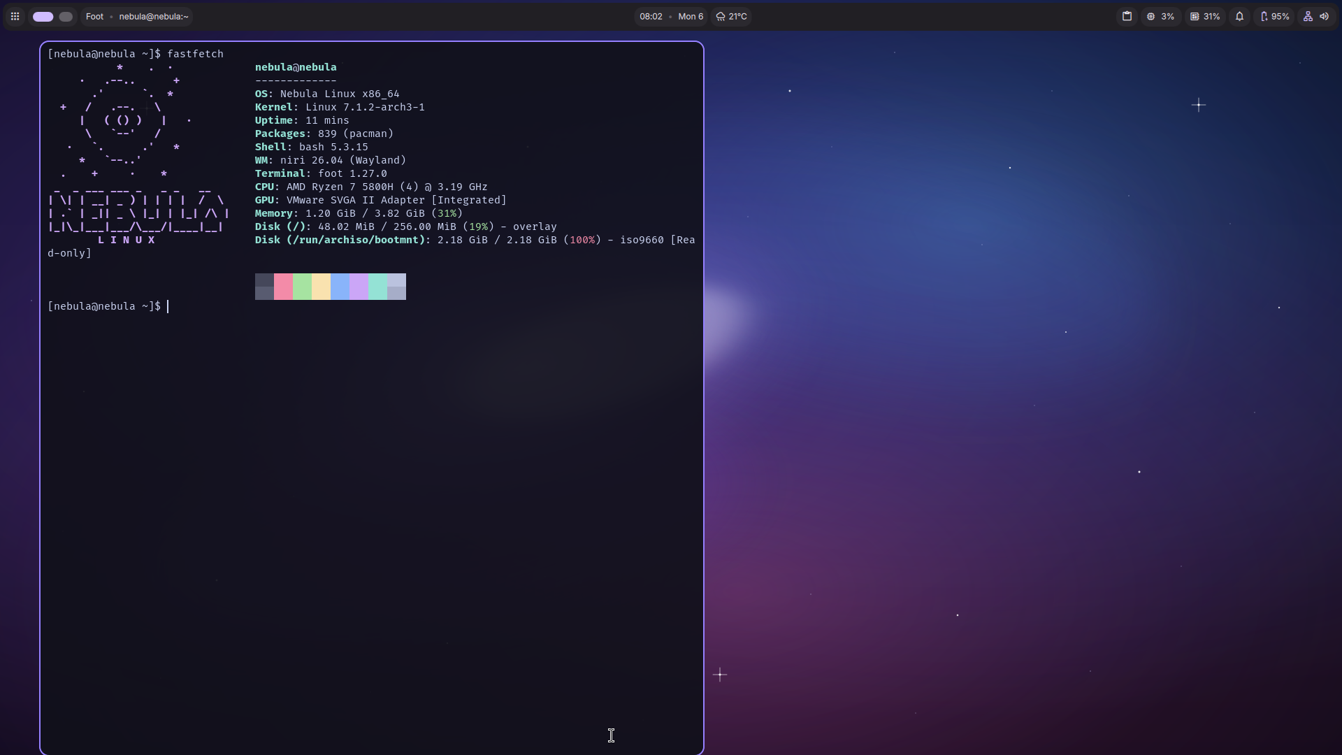 Nebula Linux — fastfetch showing the Arch base on the niri compositor