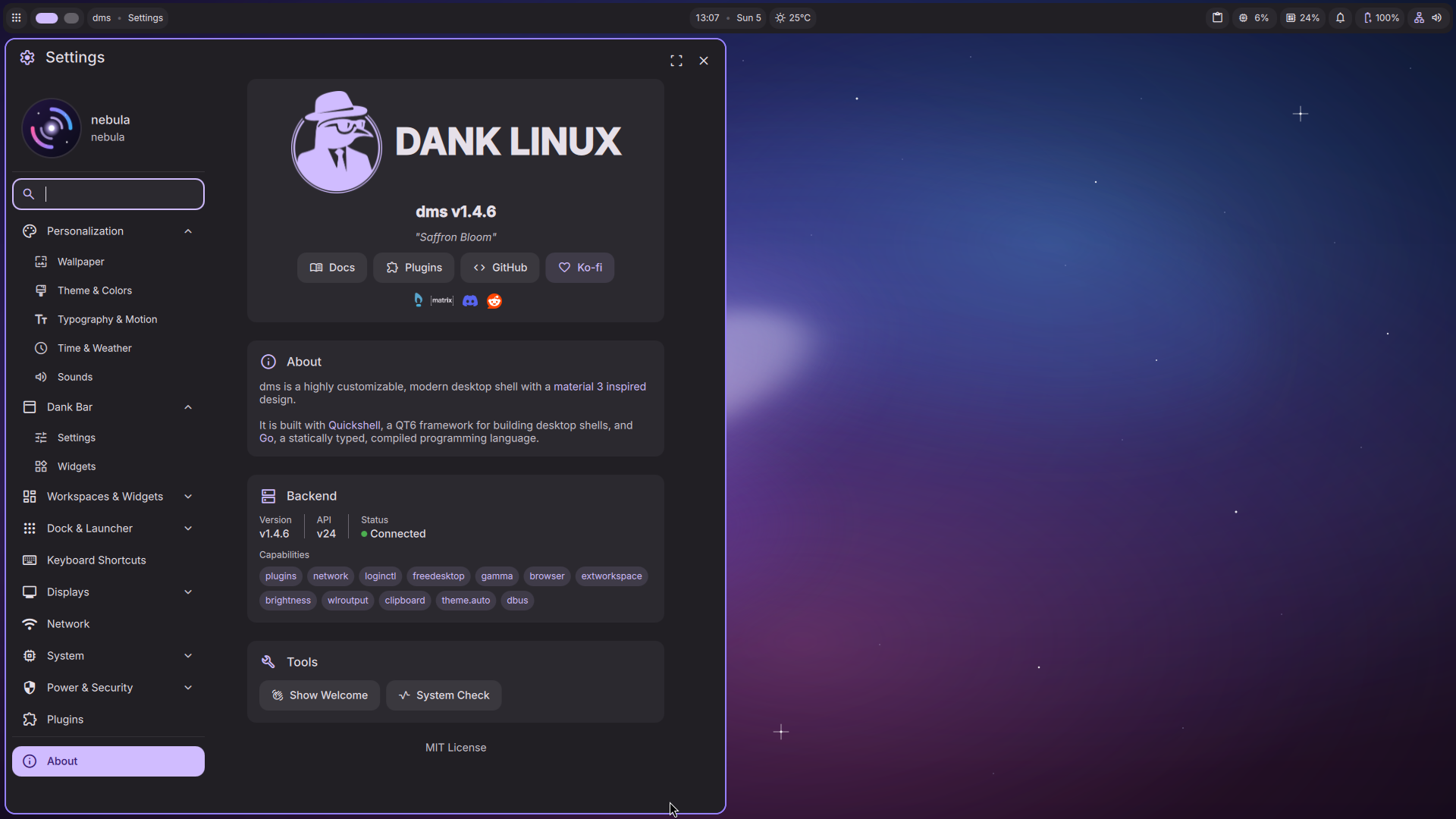 DankMaterialShell settings