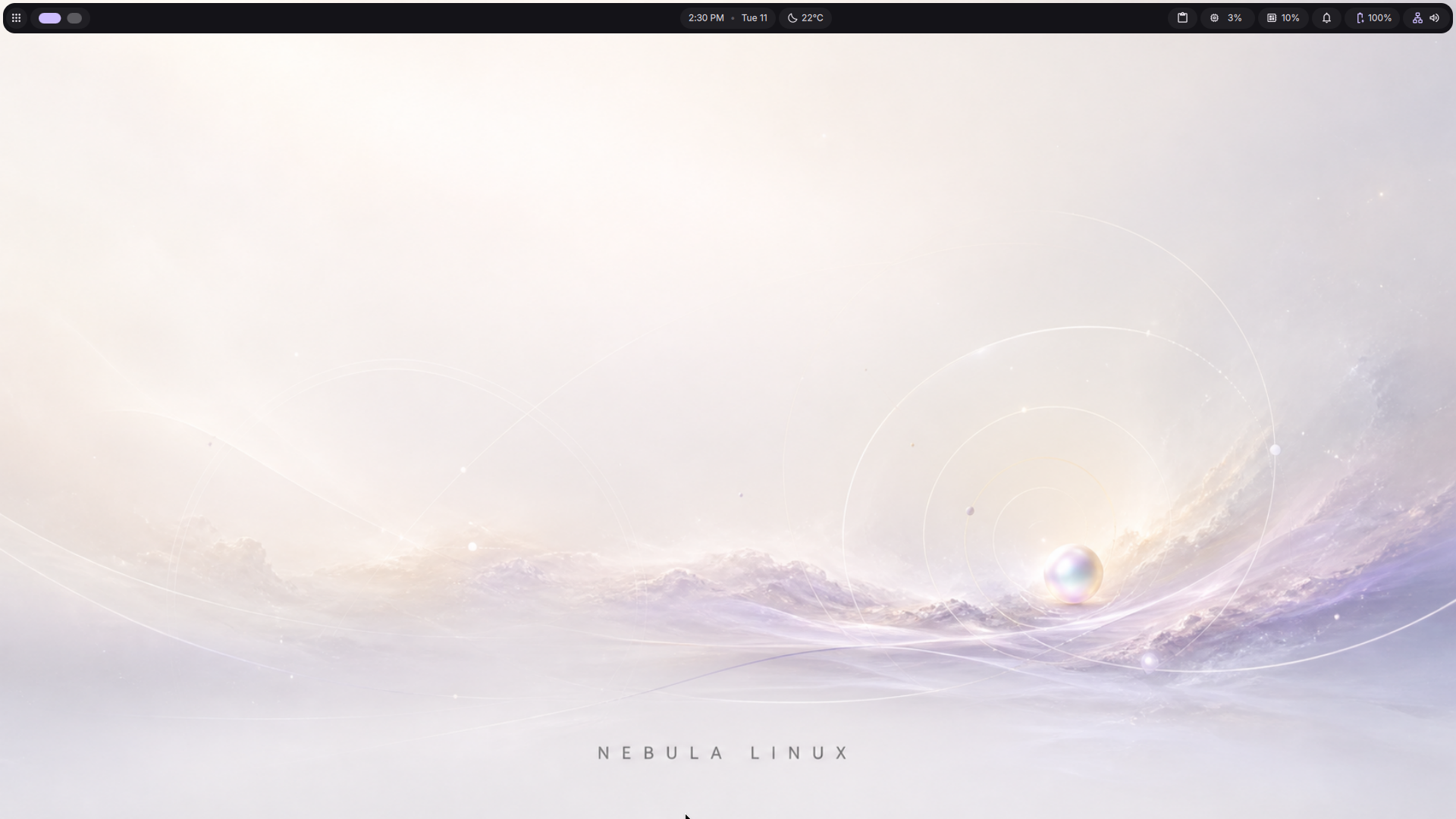 Nebula Linux desktop themed with Aurora Light wallpaper — light Material color scheme