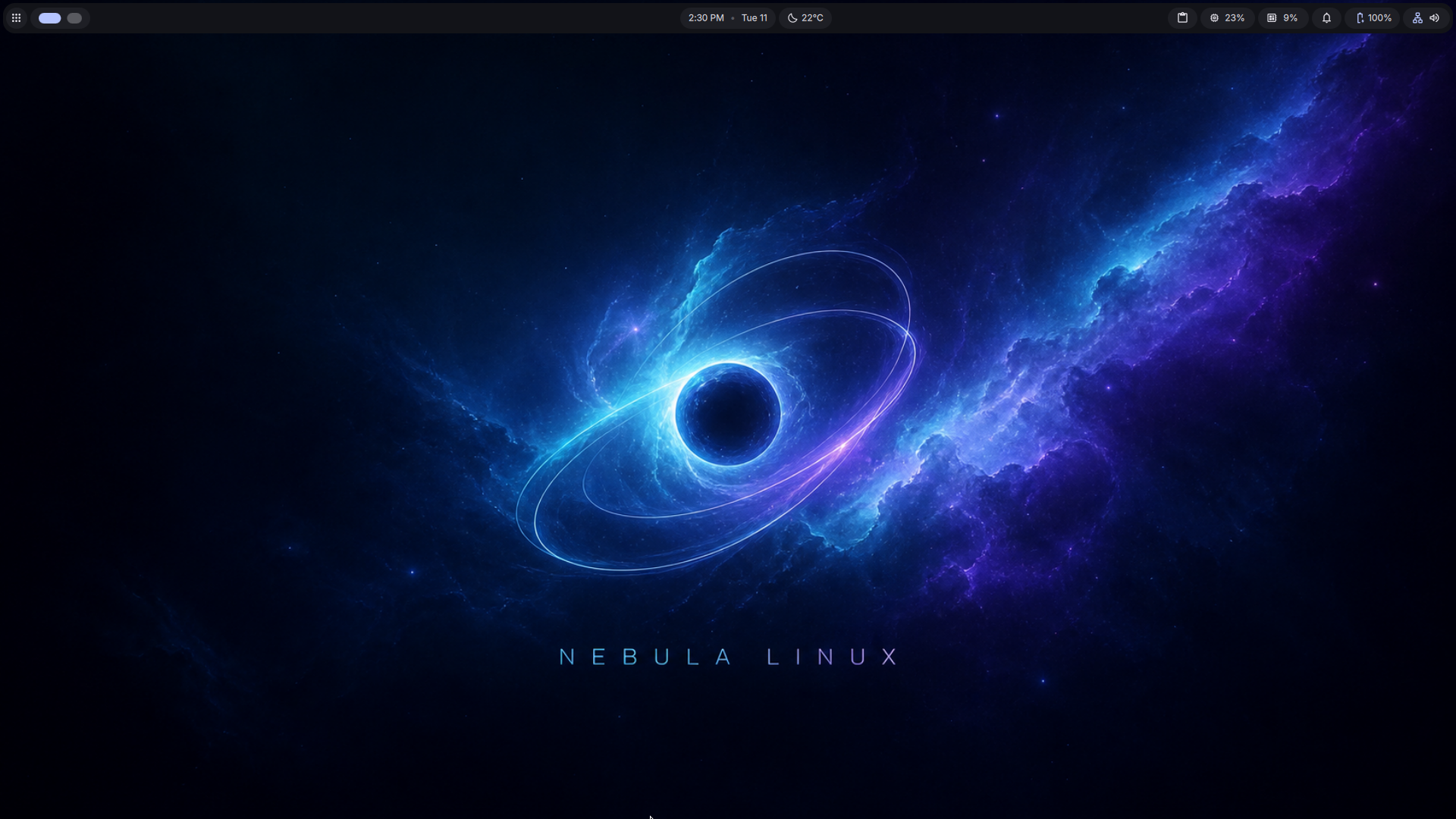 Nebula Linux desktop themed with Cosmic Blue wallpaper — deep blue Material colors throughout the bar and UI