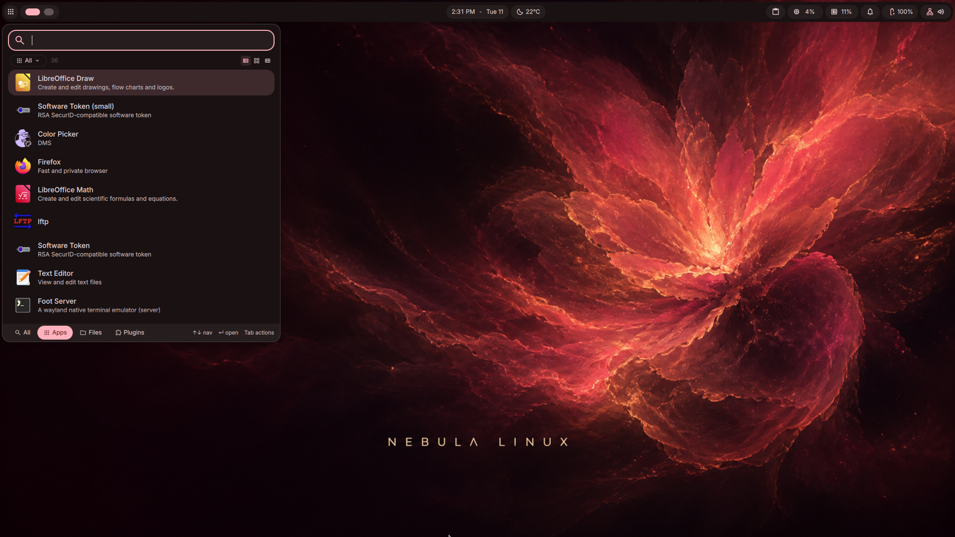 Nebula Linux desktop themed with Stellar Ember wallpaper — warm red/pink Material colors, app launcher open