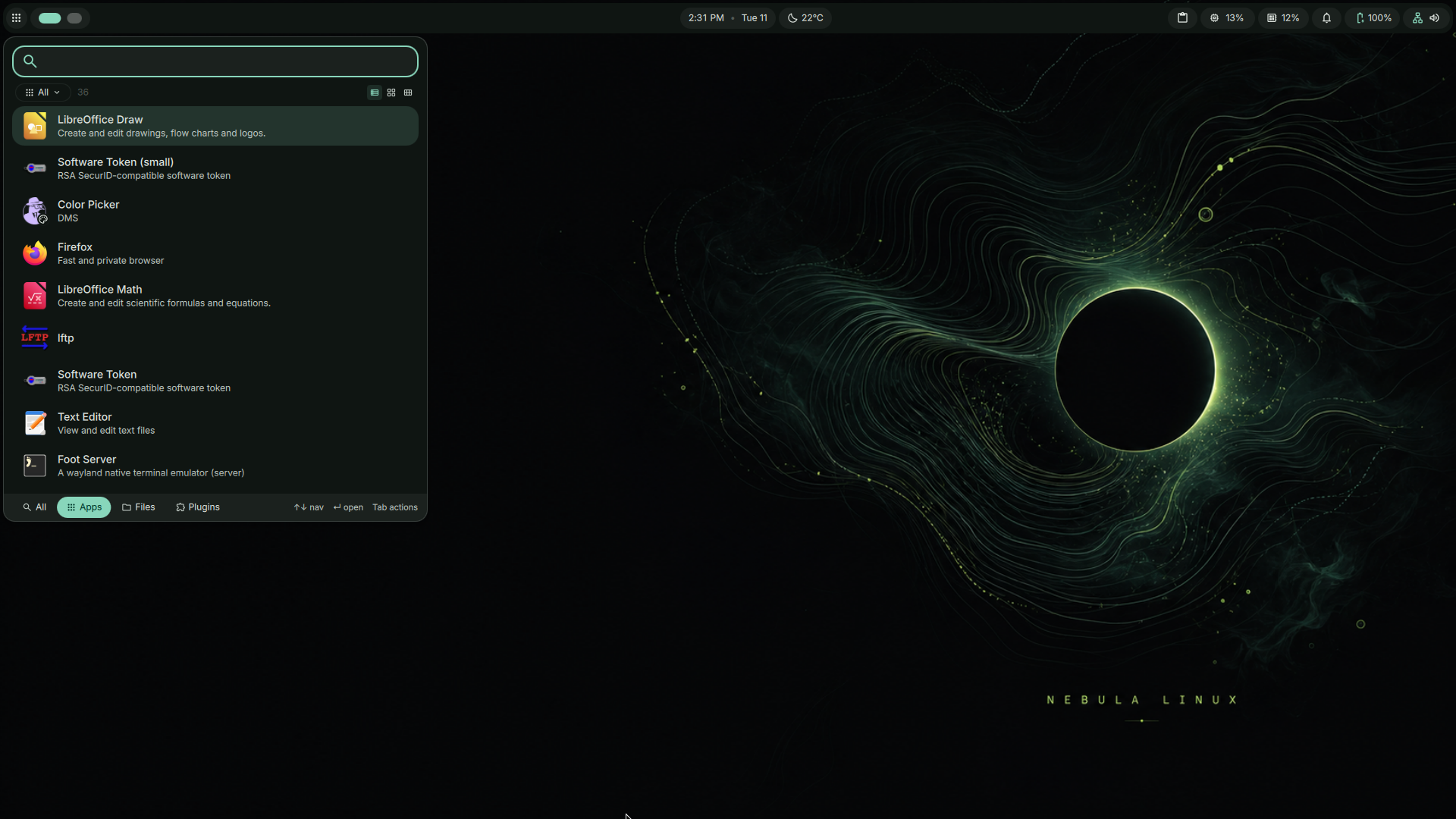 Nebula Linux desktop themed with Void Green wallpaper — green Material colors, app launcher open